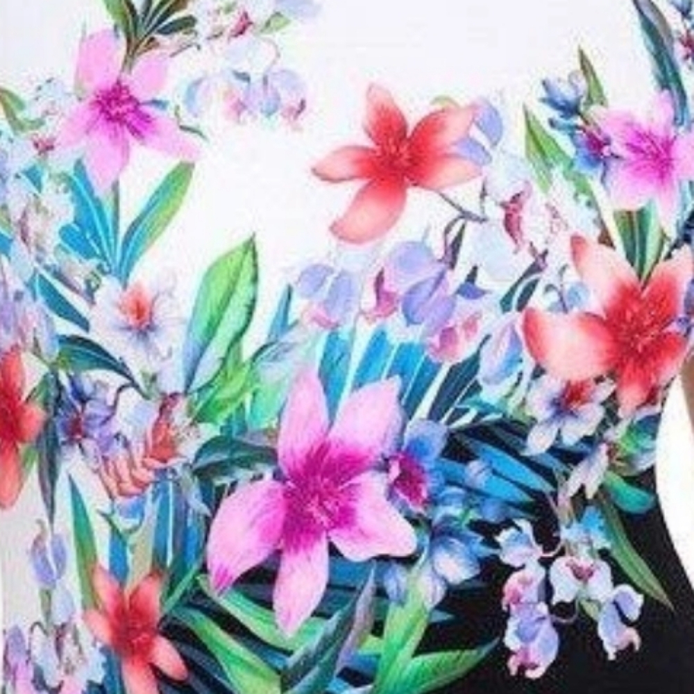 Longitude Black White Pink Floral Scoopback Highneck Long Torso One-Piece 22W - Picture 3 of 8